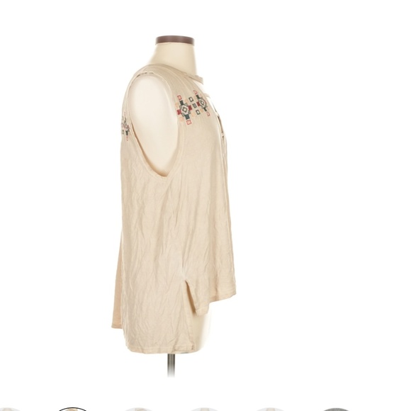 Beige Sleeveless Tank Tribal Embroidered Cut-out Design POL Sm - Picture 3 of 5